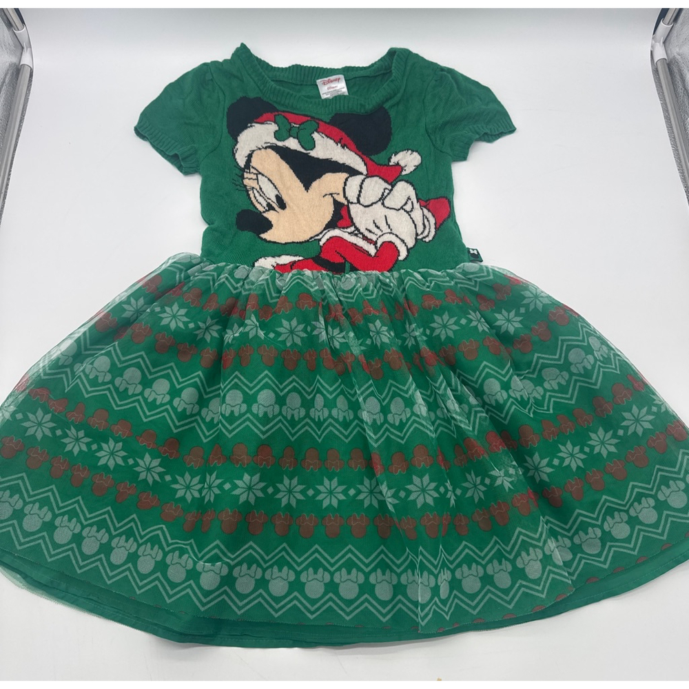 Girls DISNEY Green Red Minnie Mouse Christmas Casual Dress M (7-8)